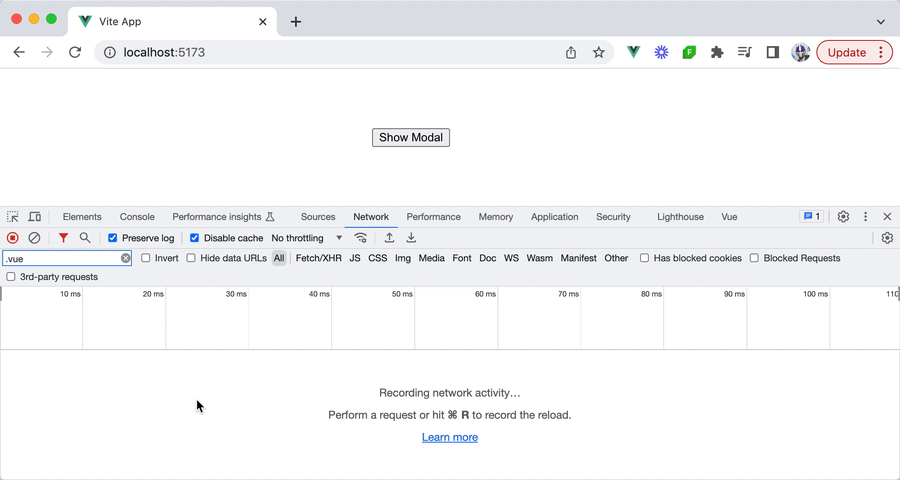 Modal bundle not initially loaded on initial page load